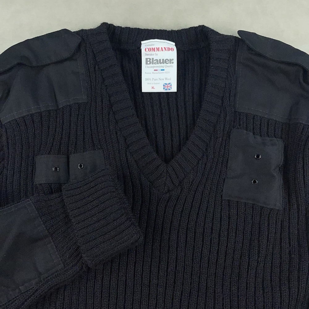 VTG 90s Blauer Commando Sweater XL V Neck‎ Wool Military Patch Elbow England